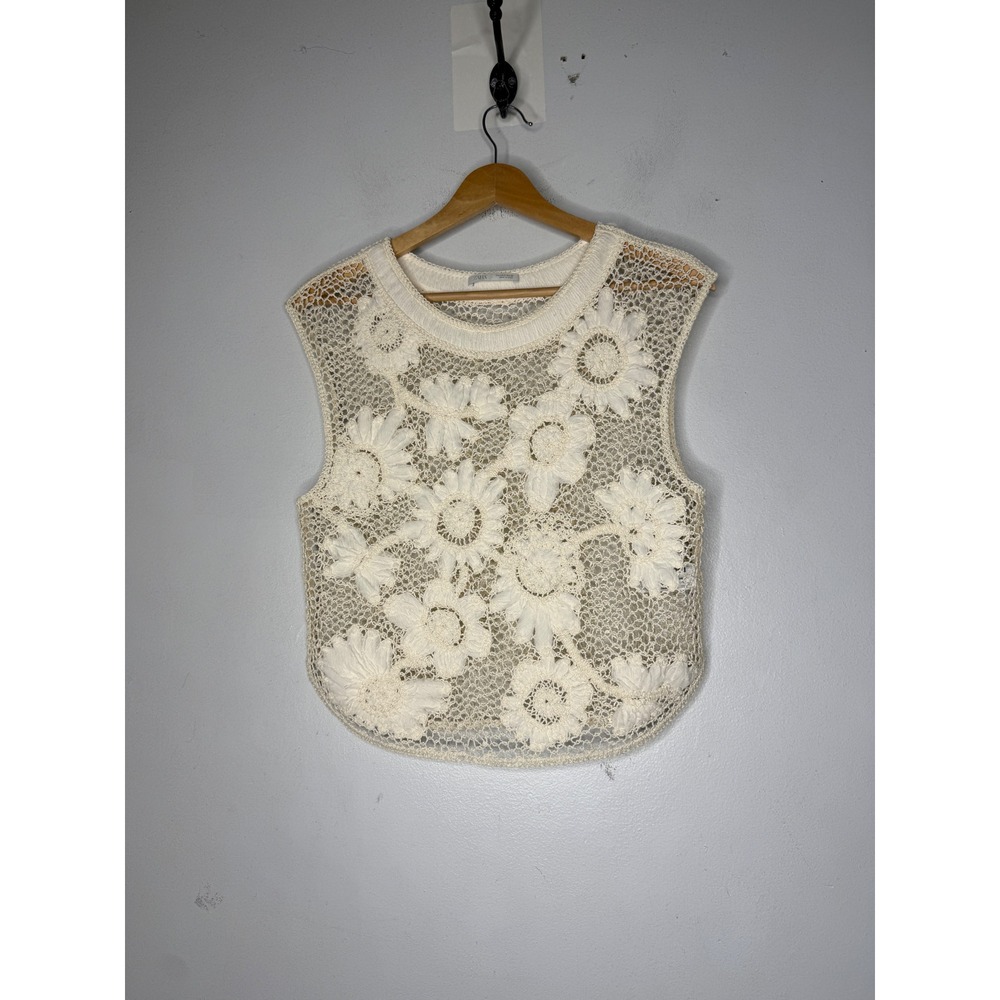 Zara Ivory Floral Crochet Knit Sleeveless Top Crew Neck Mesh Applique Small